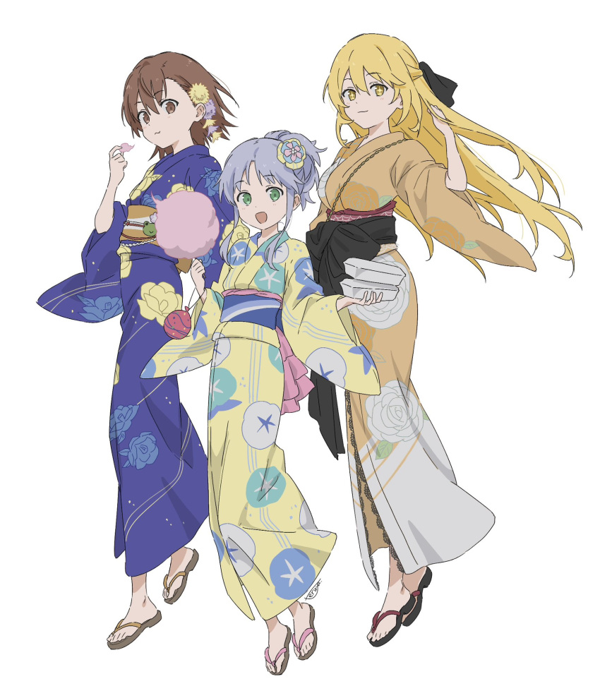 3girls black_footwear blonde_hair blue_hair blue_kimono brown_eyes brown_footwear brown_hair brown_kimono cotton_candy eating floral_print full_body green_eyes highres holding_cotton_candy index_(toaru_majutsu_no_index) japanese_clothes kimono light_blue_hair long_hair medium_hair misaka_mikoto multiple_girls ponytail print_kimono sandals shokuhou_misaki simple_background standing teruya_(6w6y) toaru_kagaku_no_railgun toaru_majutsu_no_index toaru_majutsu_no_index:_imaginary_fest white_background yellow_eyes yellow_kimono