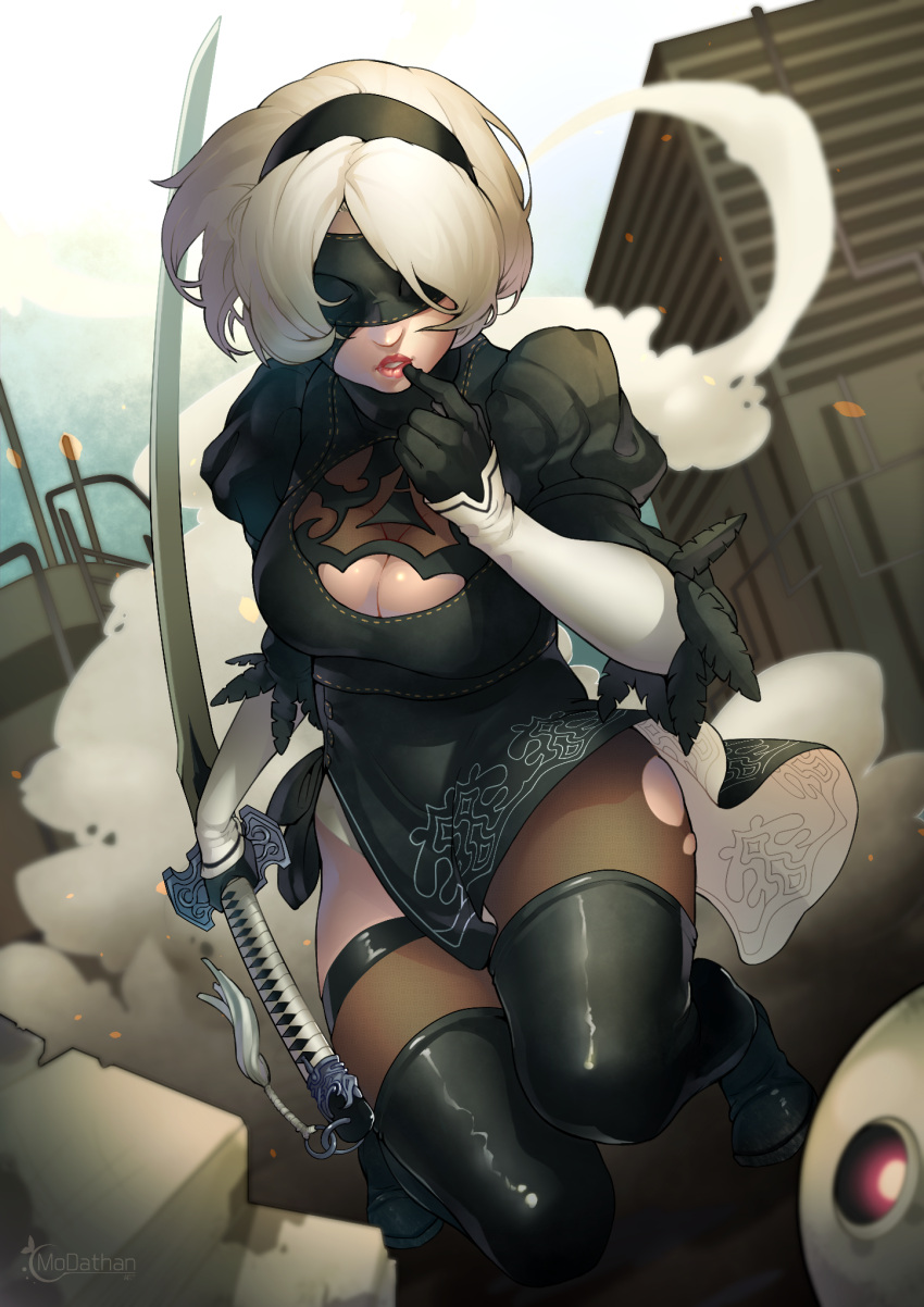 1girl artist_name black_boots black_dress black_gloves black_hairband black_legwear black_ribbon blindfold boots breasts brown_legwear cleavage cleavage_cutout closed_mouth covered_eyes dress feathers finger_to_mouth full_body gloves hairband hand_up highleg highleg_leotard highres holding holding_sword holding_weapon juliet_sleeves katana kneeling leotard lips long_sleeves medium_breasts modathan nier_(series) nier_automata nose pink_lips puffy_sleeves ribbon robot short_dress short_hair side_slit silver_hair sitting solo sword tassel thigh-highs thigh_boots torn_clothes torn_thighhighs turtleneck vambraces weapon white_leotard yorha_no._2_type_b