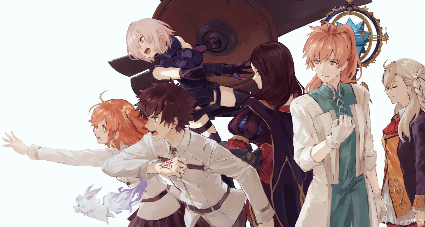 2boys 4girls armor armored_dress asymmetrical_bangs bangs black_gloves black_legwear black_leotard black_skirt blue_eyes braid brown_hair closed_eyes closed_mouth collared_shirt command_spell elbow_gloves expressionless fate/grand_order fate_(series) fou_(fate/grand_order) fujimaru_ritsuka_(female) fujimaru_ritsuka_(male) gloves greaves green_eyes hair_ornament hair_over_one_eye hair_scrunchie hand_up highres holding_shield jacket kouzuki_kei lavender_hair leaning_forward leonardo_da_vinci_(fate/grand_order) light_smile long_sleeves looking_to_the_side multiple_boys multiple_girls olga_marie one_side_up open_mouth orange_hair outstretched_arm pink_hair pleated_skirt profile puffy_sleeves romani_akiman scrunchie shield shielder_(fate/grand_order) shirt side_ponytail silver_hair simple_background skirt standing teeth thigh-highs vest violet_eyes white_background white_gloves