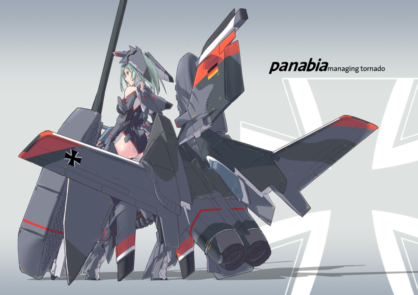 1girl bodysuit commentary english full_body gauntlets german_flag greaves highres holding holding_weapon huge_weapon iron_cross mecha_musume nenchi original shadow short_hair silver_hair solo standing tornado_(airplane) weapon