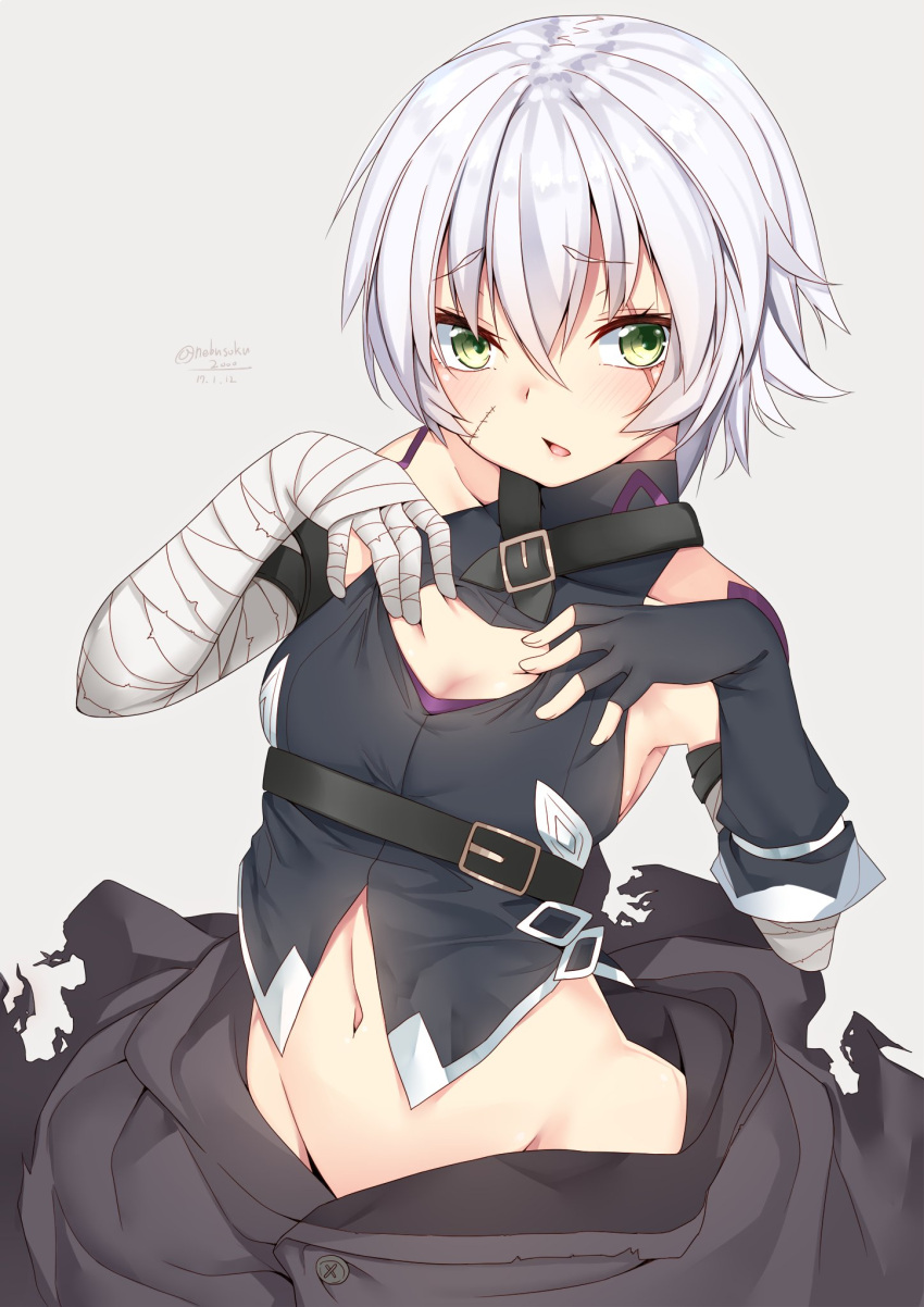 1girl ass assassin_of_black bandaged_arm bangs black_gloves blush breasts cleavage collarbone dated eye_scar eyebrows_visible_through_hair fate/apocrypha fate_(series) fingerless_gloves gloves green_eyes grey_background hair_between_eyes highres hips looking_at_viewer medium_breasts navel nebu_soku parted_lips scar_on_cheek short_hair signature silver_hair simple_background single_fingerless_glove solo twitter_username