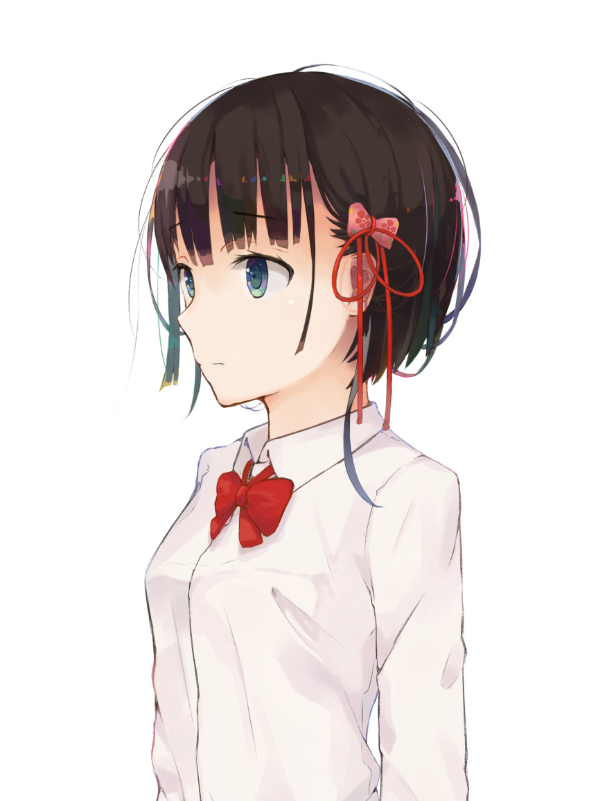 1girl bangs black_hair blue_eyes blunt_bangs bow breasts closed_mouth collared_shirt eyebrows_visible_through_hair from_side hair_bow hair_ribbon highres hyakunin_momoko medium_breasts original pink_bow red_bow red_ribbon ribbon school_uniform shirt short_hair simple_background upper_body white_background white_shirt