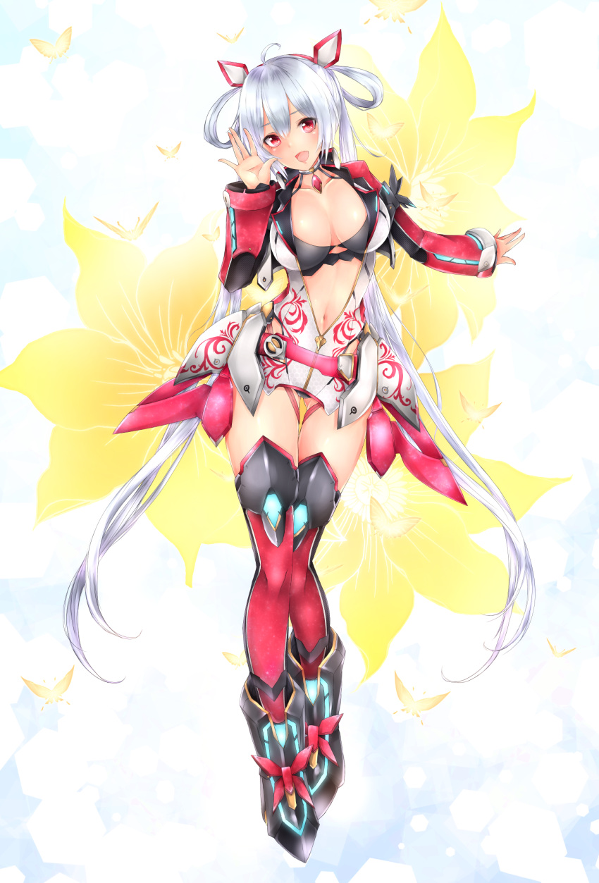 1girl :d absurdly_long_hair ahoge black_bra black_panties bra breasts cleavage collarbone frofrofrost full_body hair_ornament head_tilt highres large_breasts long_hair looking_at_viewer matoi_(pso2) midriff navel open_mouth panties phantasy_star phantasy_star_online_2 red_eyes silver_hair smile solo stomach thigh-highs twintails underwear very_long_hair yellow_flower