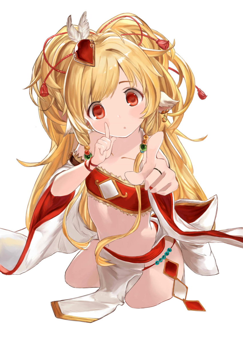 1girl :o animal_ears bandeau bare_shoulders blonde_hair collarbone cropped_legs flat_chest granblue_fantasy hair_ornament highres index_finger_raised koi_dance long_hair looking_at_viewer makira_(granblue_fantasy) midriff navel red_eyes shou_xun_bu_liang simple_background solo thigh-highs very_long_hair white_background wide_sleeves