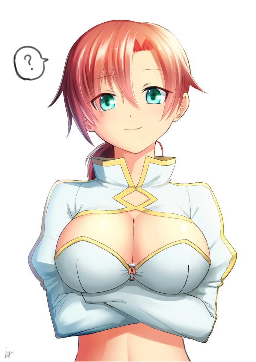1girl ? artist_name bangs boudica_(fate/grand_order) bra breasts cleavage closed_mouth crossed_arms eyebrows_visible_through_hair fate/grand_order fate_(series) green_eyes hair_between_eyes highres juliet_sleeves kyu_(wein-seria) large_breasts light_smile long_sleeves looking_at_viewer parted_bangs puffy_sleeves redhead short_hair signature simple_background smile solo spoken_question_mark underwear upper_body white_background white_bra