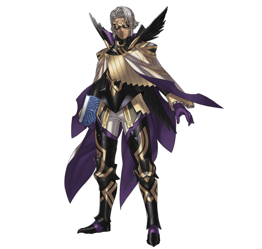 1boy armor armored_boots book boots cape dark_skin feathers fire_emblem fire_emblem_heroes full_body gloves highres kozaki_yuusuke male_focus mask mysterious_man_(fire_emblem) official_art solo transparent_background white_hair