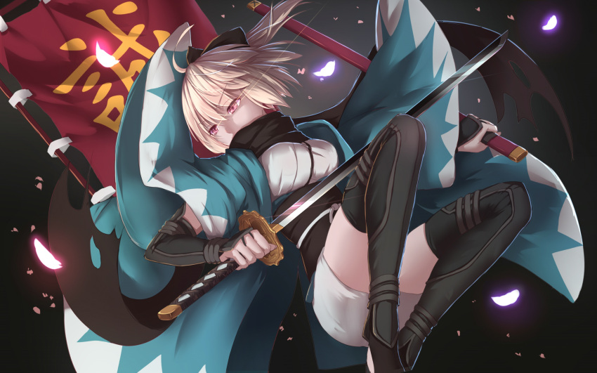 1girl bakanoe bangs black_legwear black_ribbon black_scarf blonde_hair boots breasts covered_mouth elbow_gloves eyebrows_visible_through_hair fate_(series) flag gloves hair_ribbon highres holding holding_sheath holding_sword holding_weapon japanese_clothes katana kimono kimono_skirt koha-ace large_breasts obi petals ponytail red_eyes ribbon sakura_saber sash scarf short_hair solo sword thigh-highs thigh_boots unsheathed weapon white_kimono wide_sleeves wrist_guards