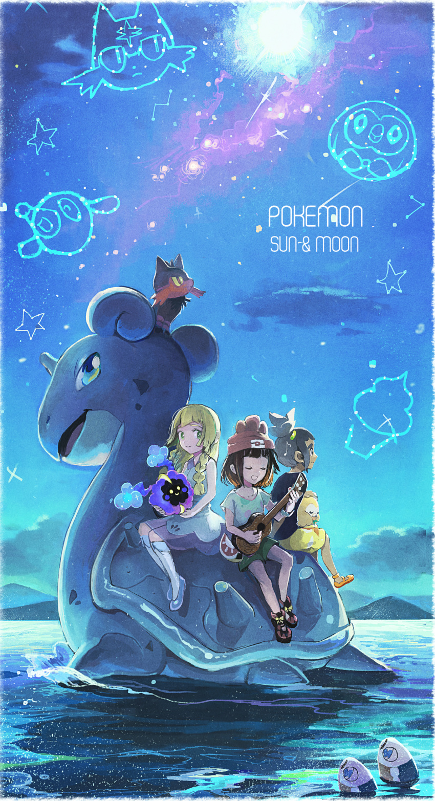 1boy 3girls bayashiko beanie constellation cosmog dark_skin female_protagonist_(pokemon_sm) guitar hat hau_(pokemon) highres instrument lapras lillie_(pokemon) litten multiple_girls music musical_note night ocean playing_instrument pokemon pokemon_(creature) pokemon_(game) pokemon_sm popplio riding rowlet singing sky star_(sky) starry_sky