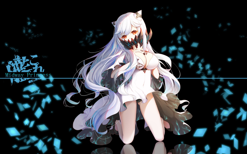 1girl asa_ni_haru breasts character_name claws cleavage covered_navel dress highres horns kantai_collection kneeling large_breasts midway_hime orange_eyes solo white_dress white_hair white_skin
