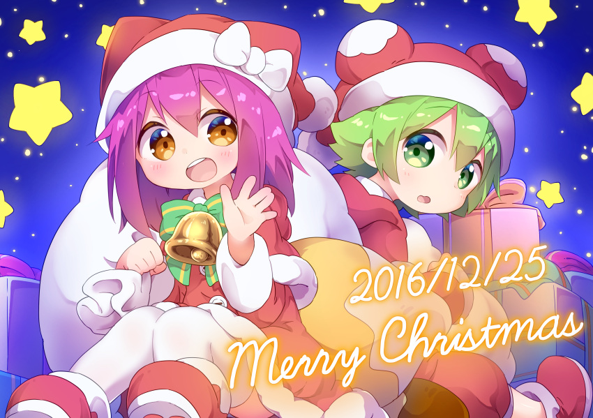 1boy 1girl animal_hat botan-kun brown_eyes cat_hat christmas green_eyes green_hair hat highres merry_christmas nipeira original purple_hair raccoon_hat sack santa_costume santa_hat yuzuwa-chan