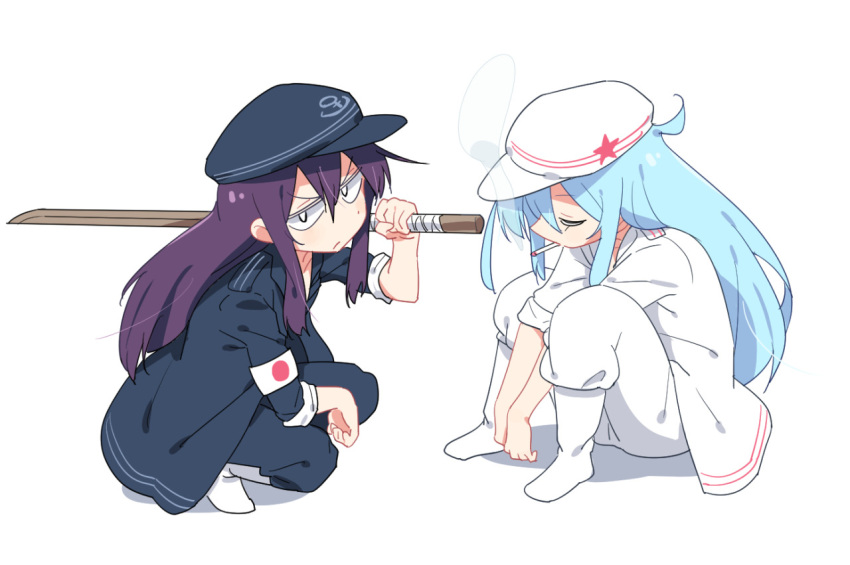 &gt;:/ 2girls akatsuki_(kantai_collection) arms_between_legs black_hat blue_hair cigarette closed_eyes closed_mouth delinquent flat_cap full_body hat hibiki_(kantai_collection) holding kantai_collection long_hair looking_at_viewer multiple_girls profile purple_hair sitting smoke smoking squatting star star_print sword tonmoh verniy_(kantai_collection) very_long_hair weapon white_background white_hat wooden_sword