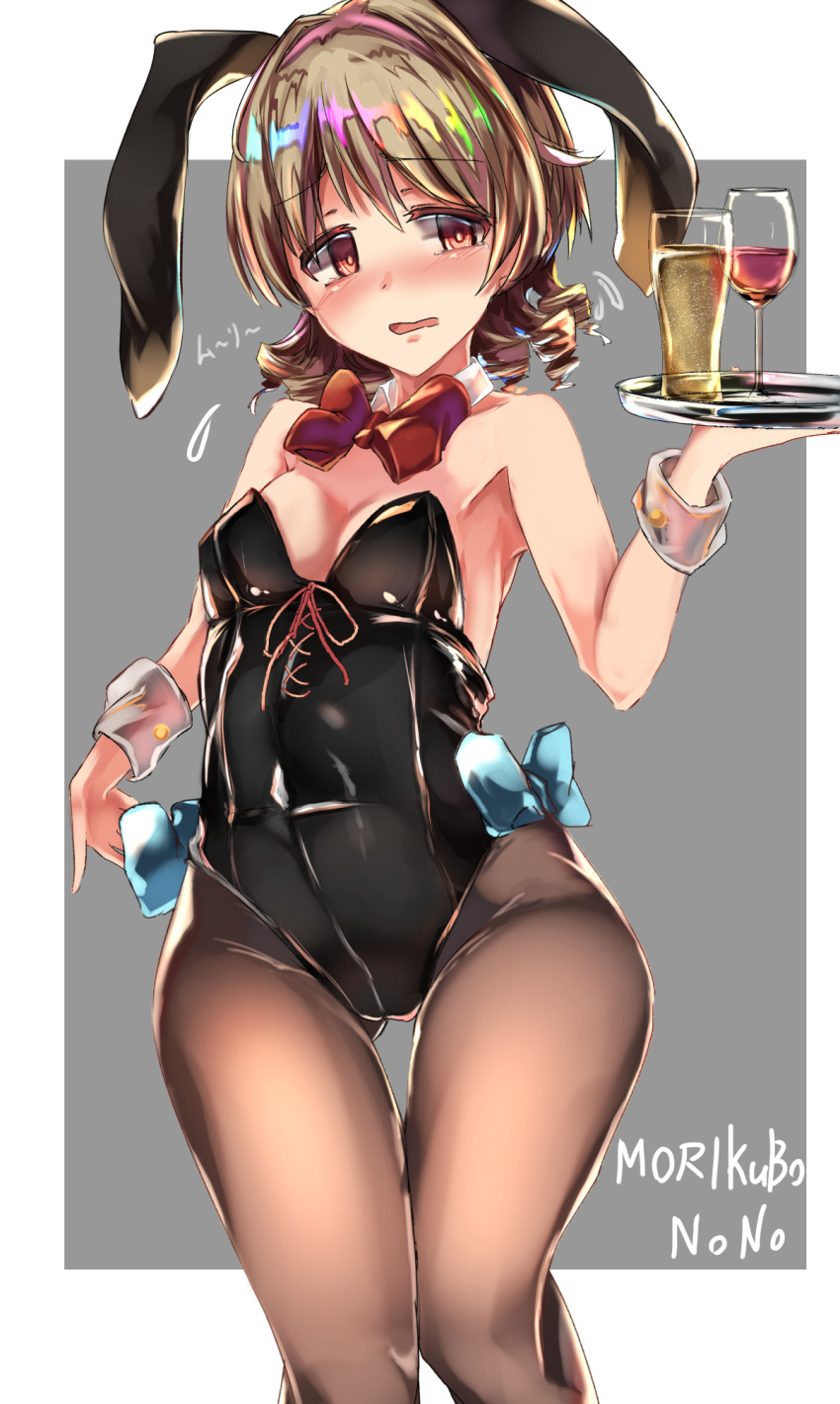 1girl animal_ears black_legwear blush bow bowtie breasts brown_eyes brown_hair bunnysuit character_name cup detached_collar drill_hair drinking_glass glass highres idolmaster idolmaster_cinderella_girls light_brown_hair morikubo_nono pantyhose rabbit_ears red_bow red_bowtie short_hair small_breasts solo taki_(takimon) tray wine_glass wrist_cuffs