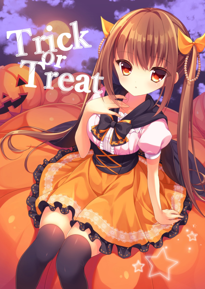 1girl absurdres black_legwear brown_hair eyebrows_visible_through_hair hair_ornament hair_ribbon halloween halloween_costume highres long_hair looking_at_viewer moon orange_hair orange_ribbon original pumpkin ribbon sitting solo star thigh-highs totsuka_(kapadaizin) twintails