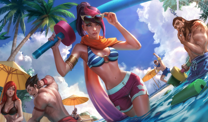 3boys 3girls absurdres adjusting_sunglasses alternate_costume arm_floats arm_tattoo armlet ashe_(league_of_legends) beach_umbrella beard bikini_top black_hair blue_eyes breasts brown_hair chengwei_pan cleavage darius_(league_of_legends) facial_hair fiora_laurent garen_crownguard highres katarina_du_couteau league_of_legends long_hair male_swimwear medium_breasts midriff multicolored_hair multiple_boys multiple_girls mustache nail_polish navel o-ring_top official_art palm_tree partially_submerged pink_nails pool pool_party_fiora redhead scar scar_across_eye scarf short_hair short_ponytail shorts sitting spiky_hair standing sunglasses swim_trunks swimwear tattoo toy_sword tree tryndamere umbrella water white_hair