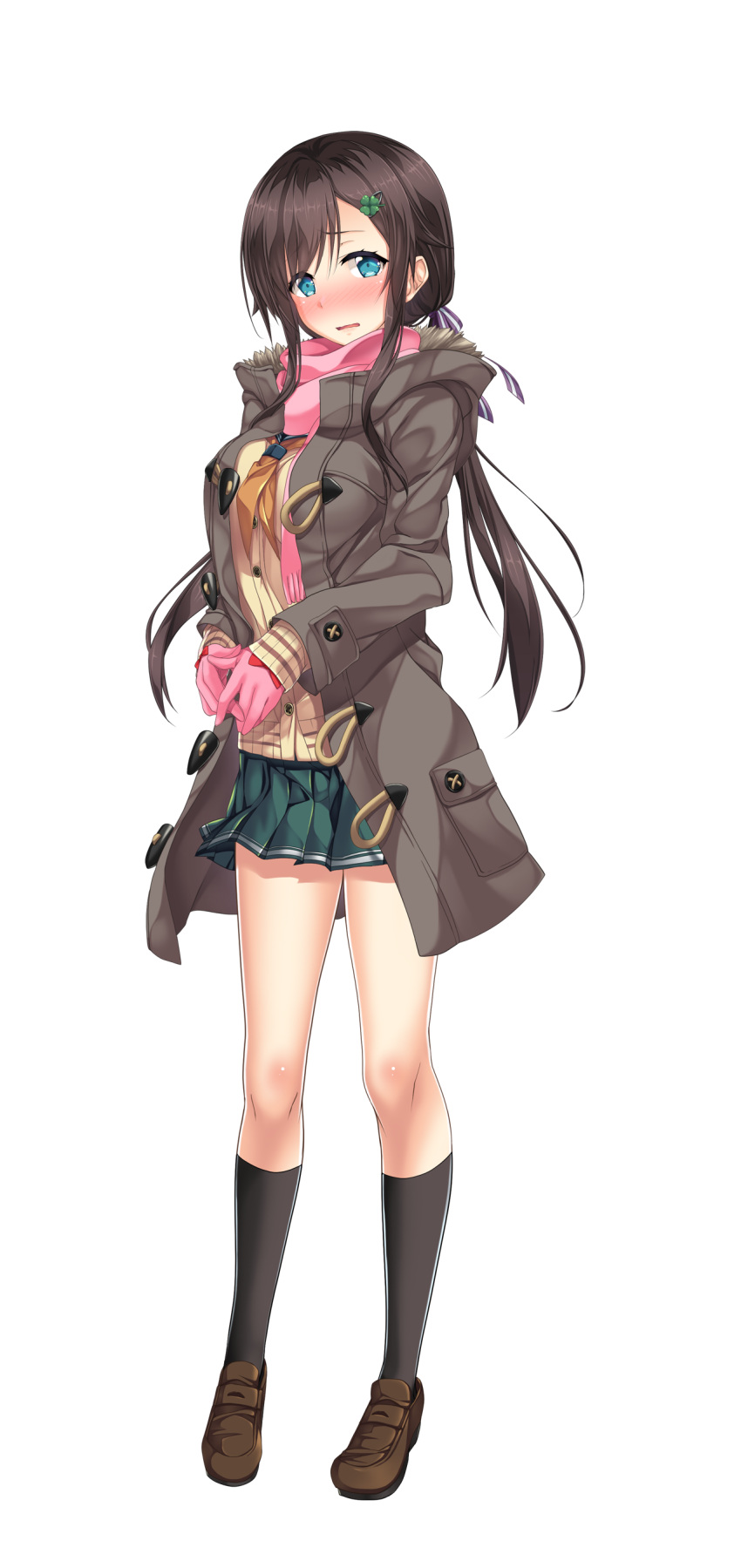 1girl absurdres aqua_eyes black_legwear blush brown_hair coat full_body gloves hair_ornament hairclip hands_together highres kneehighs loafers long_hair long_sleeves looking_at_viewer nose_blush open_clothes open_coat open_mouth pleated_skirt scarf shoes skirt solo transparent_background twintails