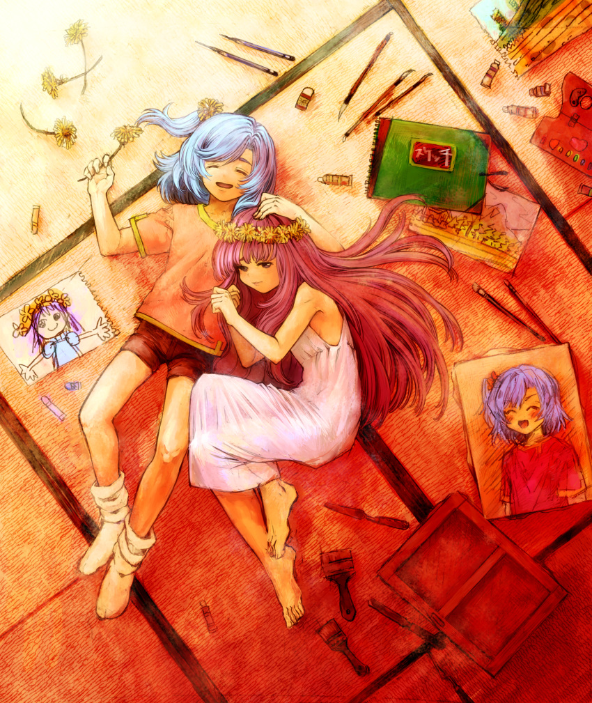 2girls :d ^_^ arms_at_sides bangs barefoot black_eyes blue_hair closed_eyes closed_mouth dress flower from_above hand_on_another's_head head_wreath highres holding holding_flower house lavender_hair lying mountain multiple_girls on_back on_floor on_side one_side_up open_mouth orange_shirt original outstretched_arms paint_tube paintbrush picture_(object) purple_hair red_shorts scribble shirt short_sleeves shorts sketch sketchbook sleeveless sleeveless_dress smile spread_arms swept_bangs tatami tooi_(sugarcoating) tree white_dress