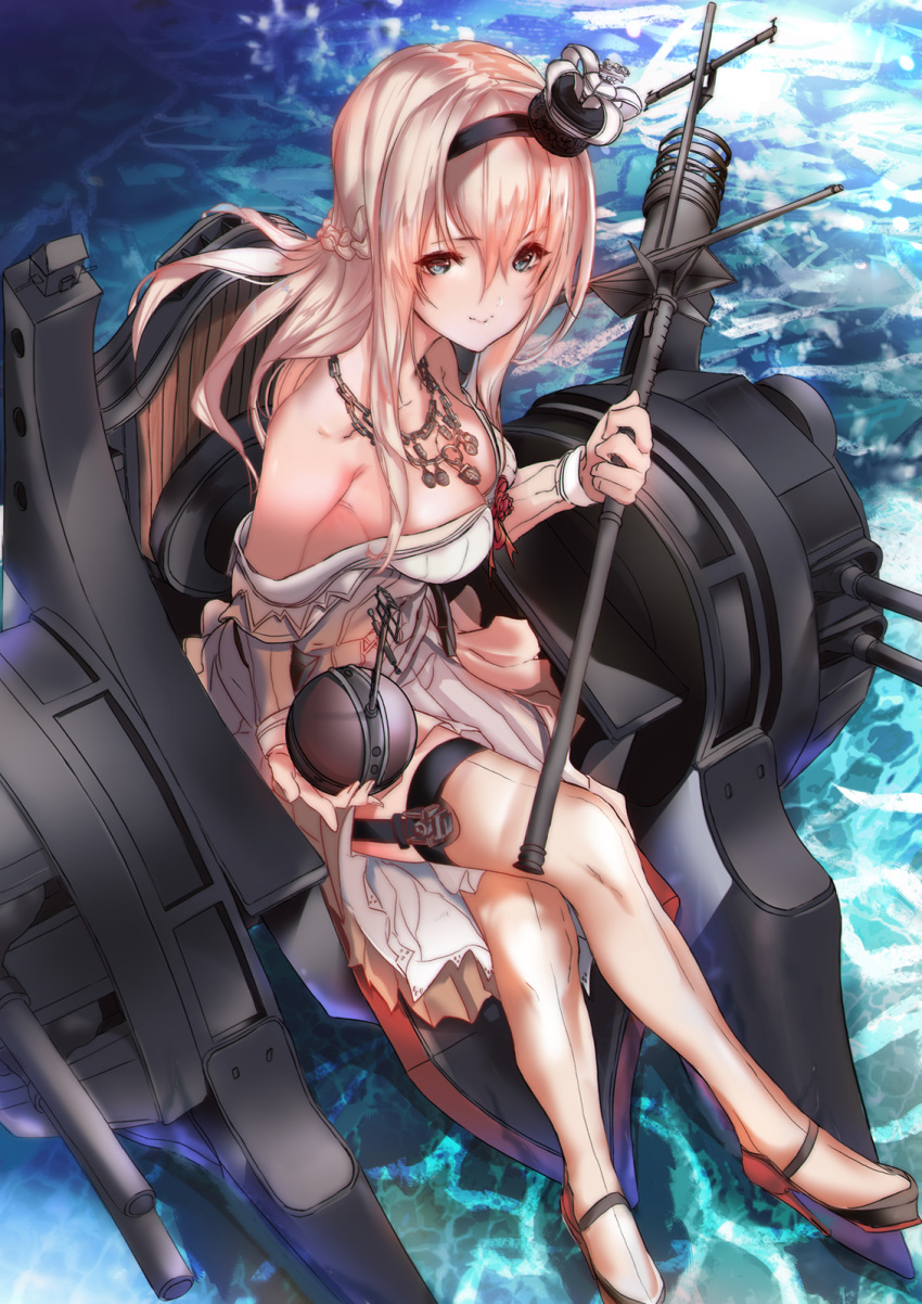 1girl blonde_hair blue_eyes braid breasts carbon_(geschutz) cleavage collarbone crown dress french_braid from_above full_body garter_straps globus_cruciger hairband highres jewelry kantai_collection long_hair long_sleeves looking_at_viewer machinery medium_breasts mini_crown necklace off-shoulder_dress off_shoulder scepter sitting solo thigh-highs throne turret warspite_(kantai_collection) white_dress white_legwear