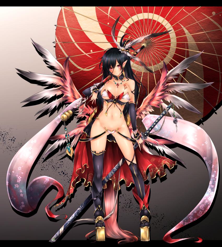 1girl absurdres armor bikini_armor black_hair breasts choker cleavage collarbone earrings frofrofrost full_body groin highres holding holding_sword holding_umbrella holding_weapon jewelry katana long_hair navel necklace oriental_umbrella original pointy_ears red_eyes sheath sheathed solo standing stomach sword umbrella under_boob very_long_hair weapon year_of_the_rooster