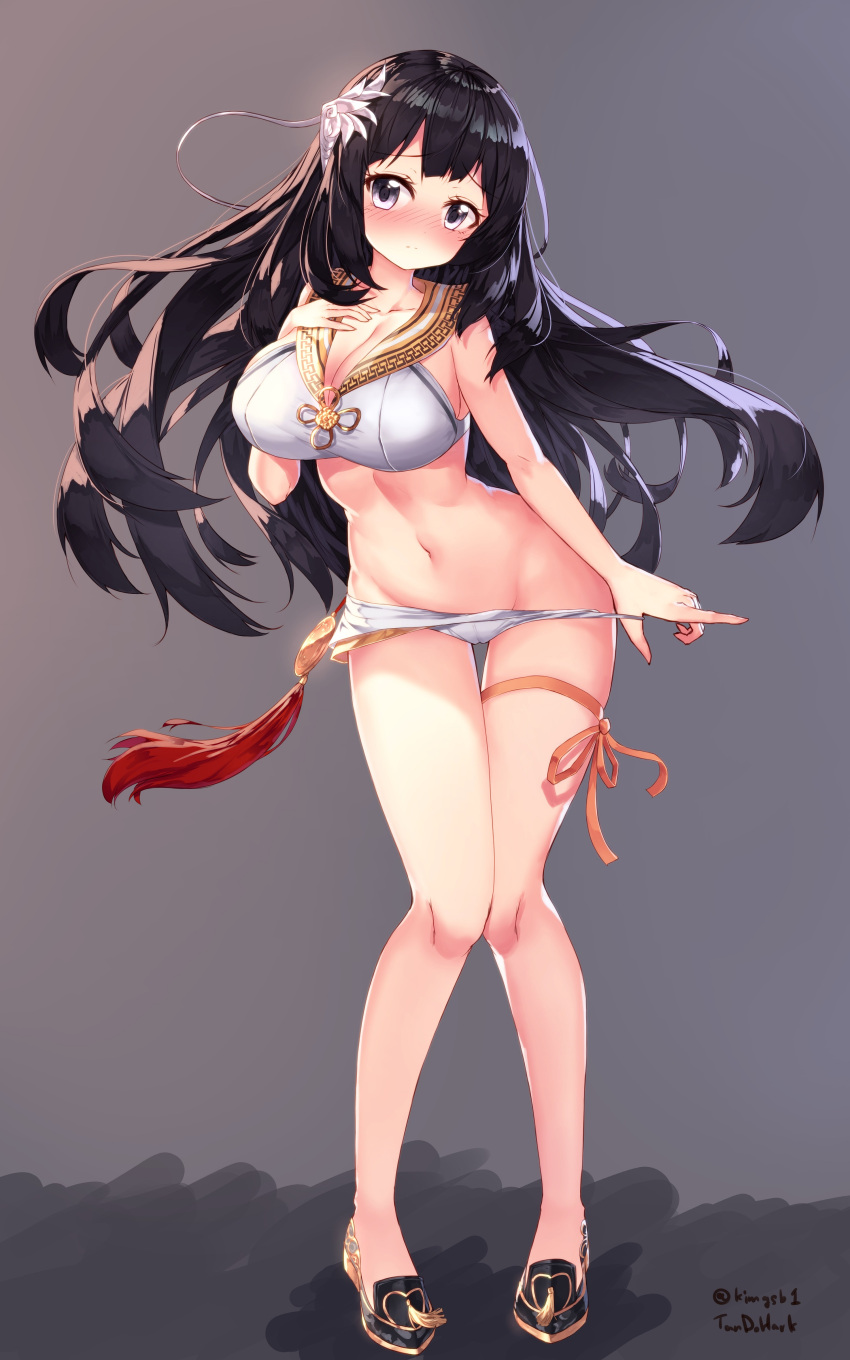 1girl absurdres artist_name bangs bare_shoulders black_hair blue_eyes blush breasts cleavage closed_mouth collarbone crop_top dungeon_and_fighter eyebrows_visible_through_hair full_body groin hair_ornament hand_on_own_chest highres index_finger_raised knees_together_feet_apart large_breasts long_hair midriff navel nose_blush orange_ribbon pulled_by_self ribbon shoes short_shorts shorts sleeveless solo standing tandozzing tassel thigh_gap thigh_ribbon twitter_username violet_eyes