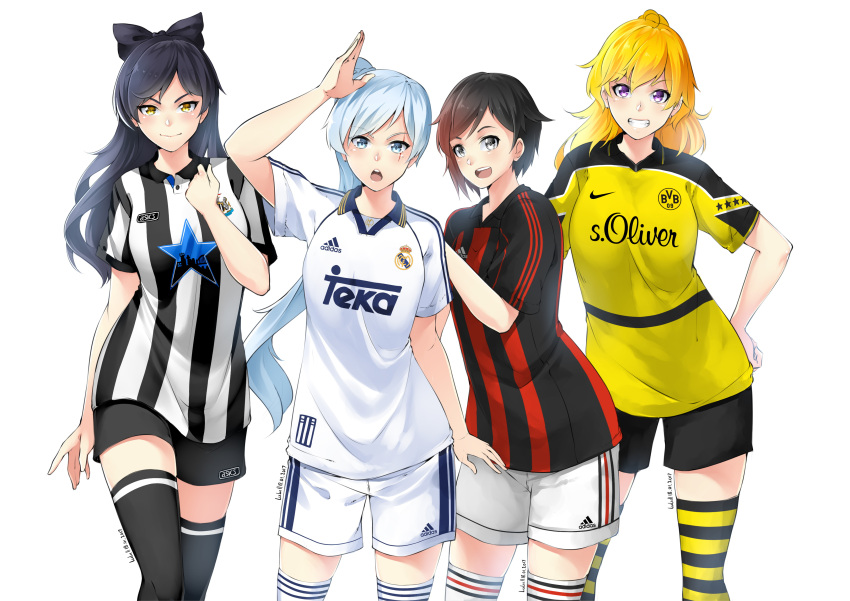 4girls absurdres ac_milan adidas ahoge artist_name asics asymmetrical_hair black_hair blake_belladonna blonde_hair blue_eyes blush borussia_dortmund bow classic closed_mouth collared_shirt company_name dated eye_scar grey_eyes hair_bow highres long_hair looking_at_viewer lulu-chan92 multiple_girls newcastle_united_fc nike open_mouth ponytail real_madrid ruby_rose rwby shirt short_hair signature simple_background smile soccer soccer_uniform socks sport sportswear star striped striped_shirt thigh-highs violet_eyes weiss_schnee white_background white_hair yang_xiao_long yellow_eyes