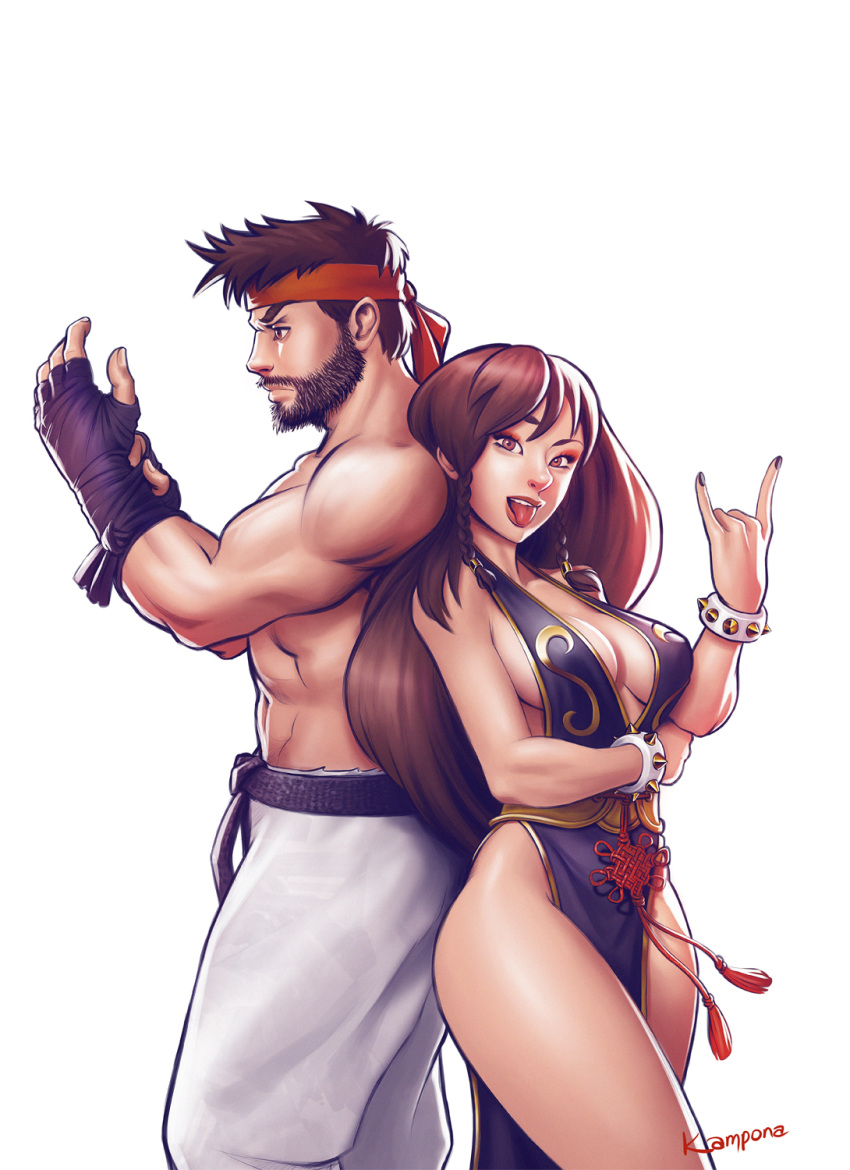 1boy 1girl \m/ alternate_costume alternate_hairstyle back-to-back beard black_hair bracelet breasts brown_hair chun-li cleavage facial_hair headband highres jewelry kampona looking_at_viewer ryuu_(street_fighter) spiked_bracelet spikes street_fighter street_fighter_v tongue tongue_out