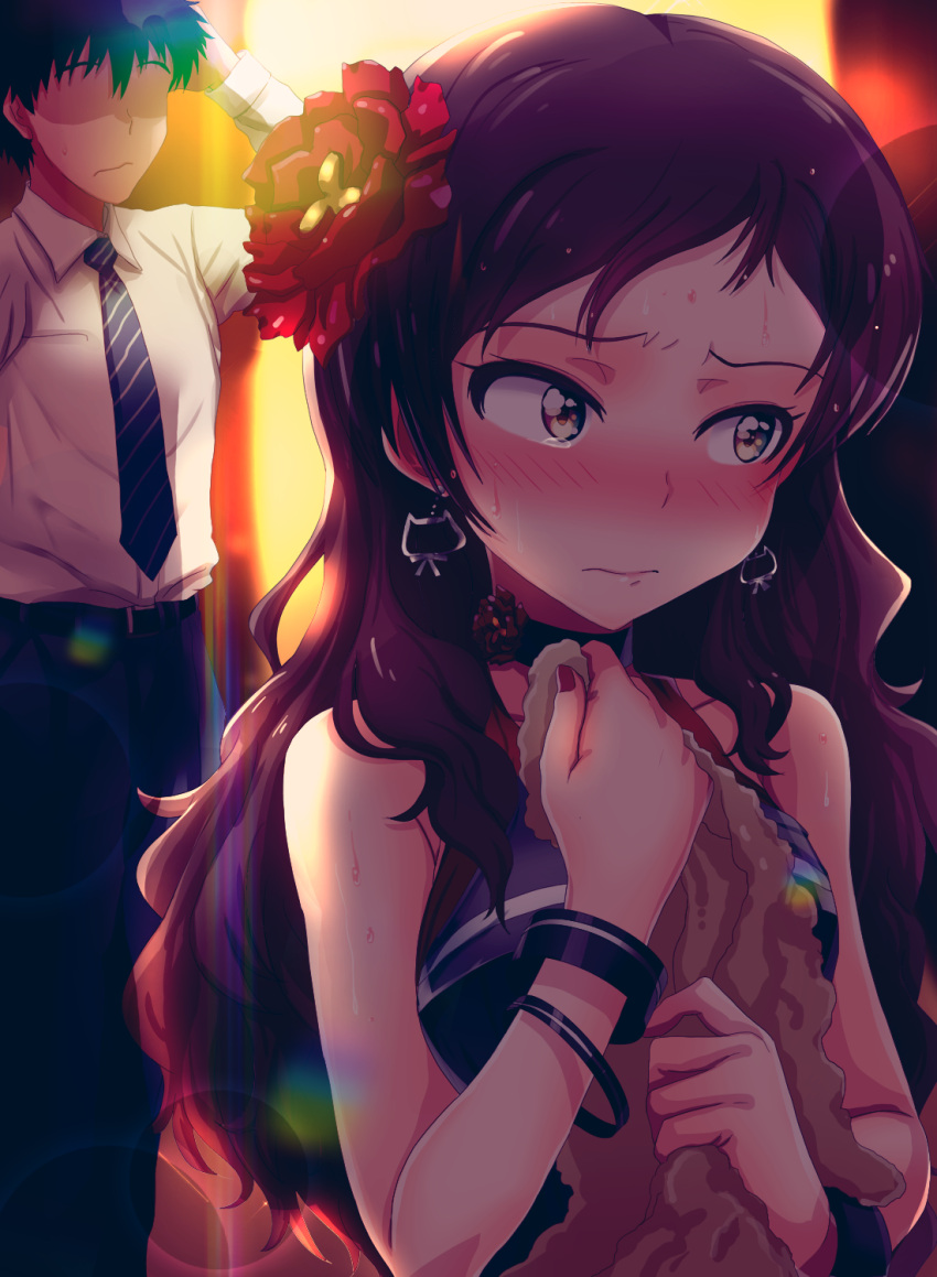 1boy 1girl blush bracelet brown_eyes brown_hair choker dress earrings embarrassed flower hair_flower hair_ornament highres idolmaster idolmaster_million_live! jewelry kitazawa_shiho long_hair necktie no_eyes producer_(idolmaster) run_p_(aveton) sweatdrop wavy_mouth