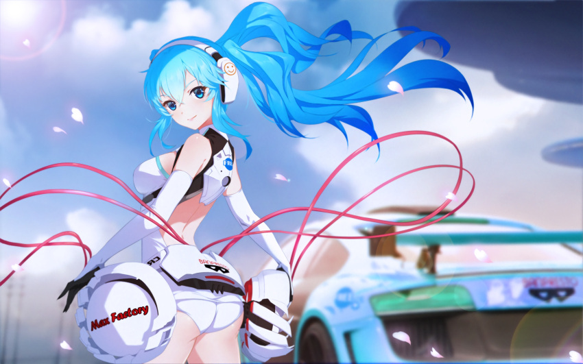 1girl ass blue_eyes blue_hair blurry breasts car clouds depth_of_field elbow_gloves from_behind gloves ground_vehicle hatsune_miku headset highres lens_flare looking_back machinery medium_breasts motor_vehicle multicolored multicolored_clothes multicolored_gloves petals samui_amekemuri sky solo twintails vocaloid wire