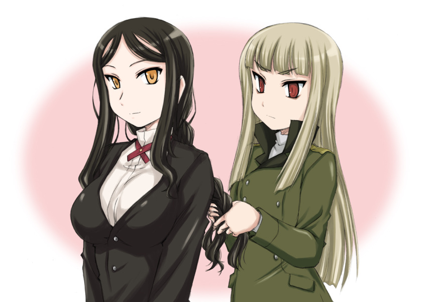 2girls bangs black_hair black_jacket blonde_hair blunt_bangs braiding_hair commentary constantia_cantacuzino green_jacket grete_m_gollob hairdressing jacket light_smile long_hair long_sleeves military military_uniform multiple_girls orange_eyes red_eyes red_ribbon ribbon shirt uniform upper_body wanyan_aguda white_shirt world_witches_series