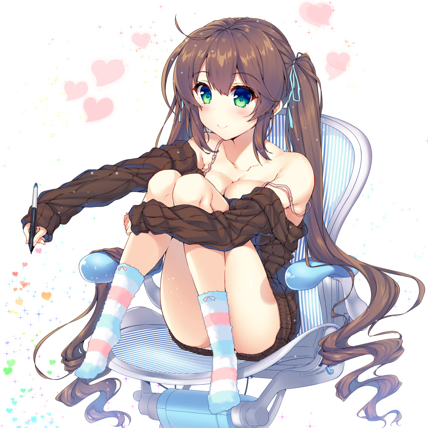 1girl absurdres blush breasts brown_hair cleavage collarbone commentary_request eyebrows_visible_through_hair green_eyes hair_ribbon heart highres holding holding_pen long_hair long_sleeves looking_at_viewer off_shoulder original raiou ribbon sitting sleeves_past_wrists smile striped striped_legwear twintails very_long_hair