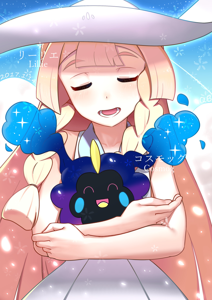 1girl 2017 :d ^_^ absurdres artist_name bangs bare_arms bare_shoulders blonde_hair blunt_bangs blush braid character_name closed_eyes collarbone collared_dress cosmog dated dress eyebrows_visible_through_hair floral_background hat highres legendary_pokemon light_particles lillie_(pokemon) long_hair open_mouth outline pokemon pokemon_(game) pokemon_sm qb sleeveless sleeveless_dress smile sparkle sun_hat sundress teeth text tongue twin_braids upper_body white_dress white_hat