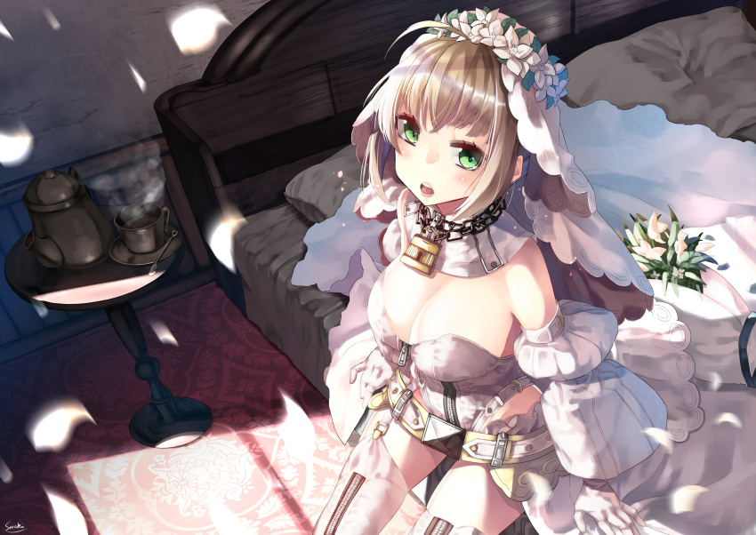 1girl ahoge arm_support bare_shoulders belt blonde_hair breasts carpet chains cleavage cup detached_collar detached_sleeves fate/extra fate/extra_ccc fate_(series) flower from_above green_eyes highres indoors kettle lily_(flower) lips lock looking_at_viewer looking_up open_mouth padlock petals pillow saber_bride saber_extra saraki sitting solo steam thigh-highs tray veil wreath zipper