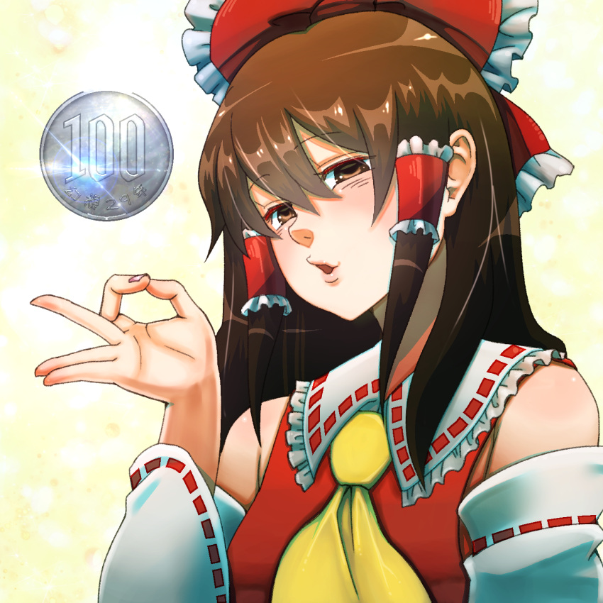 1girl ascot bare_shoulders bow brown_eyes brown_hair burikarun coin detached_sleeves hair_bow hair_ornament hair_tubes hakurei_reimu highres long_hair nontraditional_miko ok_sign solo touhou upper_body wide_sleeves yen