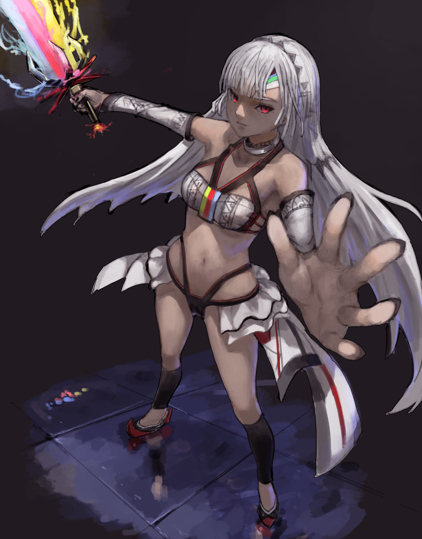 1girl absurdres altera_(fate) black_legwear breasts dark_skin detached_sleeves fate/extella fate/extra fate/grand_order fate_(series) geureong_geureong high_heels highres holding holding_sword holding_weapon midriff nail_polish navel red_eyes solo sword veil weapon white_hair