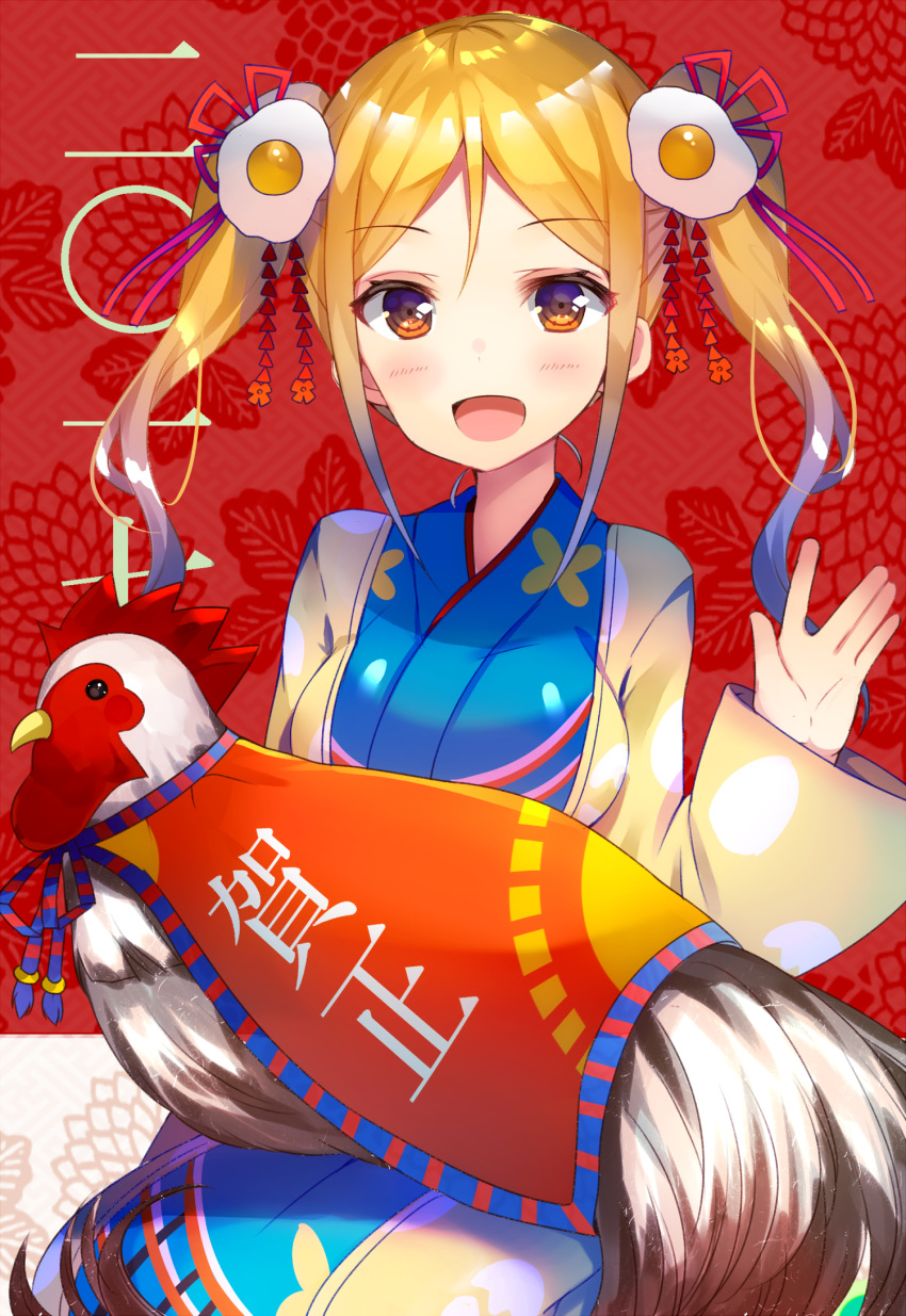 1girl 2017 animal animal_on_lap bird blonde_hair blue_kimono blush breasts brown_eyes chicken egg_hair_ornament eyebrows_visible_through_hair floral_background food_themed_hair_ornament hair_ornament hair_ribbon hand_up hanten_(clothes) happy_new_year highres japanese_clothes kimono large_breasts long_hair looking_at_viewer nan_(jyomyon) new_year open_mouth original purple_ribbon red_background ribbon rooster sitting smile solo translated twintails waving wavy_hair year_of_the_rooster