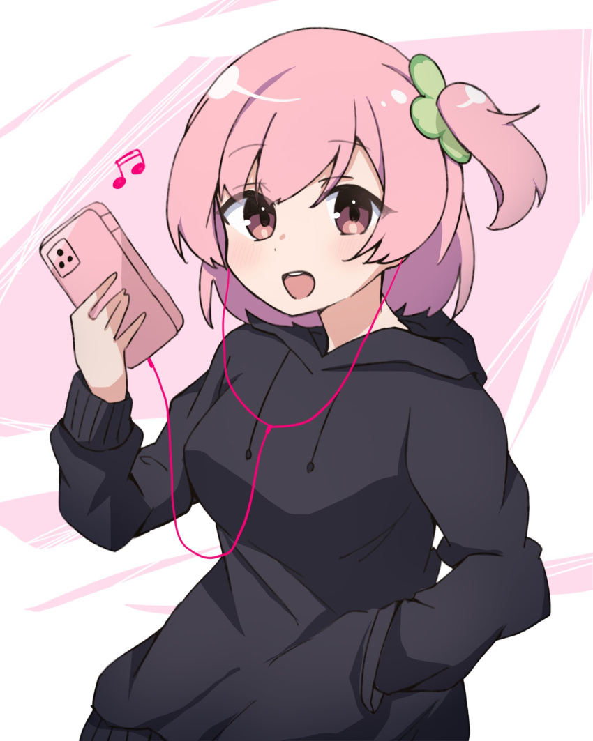 1girl :d assault_lily bangs beamed_eighth_notes black_hoodie blush breasts cellphone clover commentary drawstring earphones earphones four-leaf_clover hand_in_pocket hand_up highres hitotsuyanagi_riri holding holding_phone hood hood_down hoodie listening_to_music long_sleeves looking_at_viewer medium_breasts musical_note one_side_up open_mouth phone pink_background pink_eyes pink_hair pocket short_hair smartphone smile solo standing teeth two-tone_background upper_body upper_teeth white_background yubari_lemon_(lemonlilie)