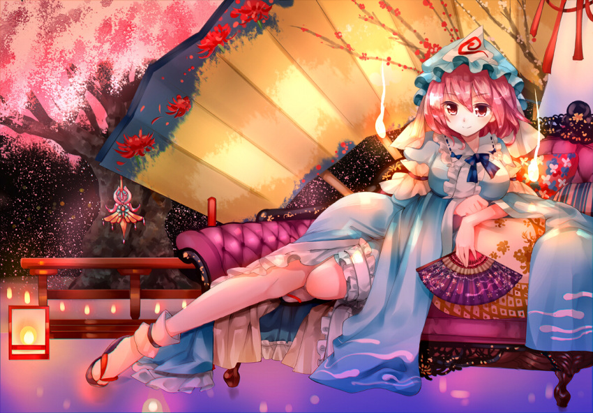 >:) 1girl arm_garter bangs blue_dress blush bobby_socks breasts cherry_blossoms closed_mouth couch dress fan folding_fan full_body hat hitodama holding holding_fan japanese_clothes kimono lantern large_breasts long_sleeves lying mob_cap nagare on_side pink_hair red_eyes saigyouji_yuyuko saigyouji_yuyuko's_fan_design sandals short_hair socks solo touhou triangular_headpiece white_legwear wide_sleeves