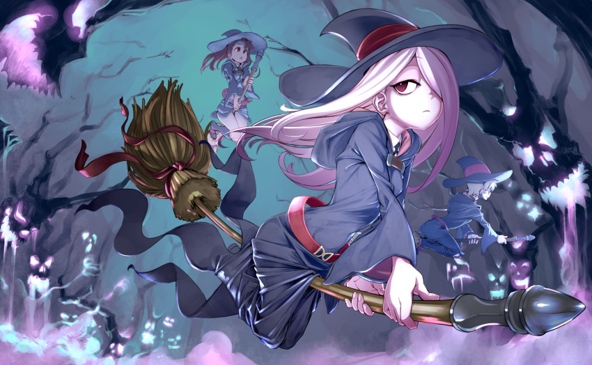 3girls :o akko_kagari bangs belt between_legs black_boots black_hat black_necktie boots breasts broom broom_riding brown_hair closed_mouth collared_shirt dress eyebrows_visible_through_hair flying forest freckles frown glasses glowing hair_over_one_eye hat hat_ribbon highres hood hood_down little_witch_academia long_dress long_hair long_sleeves looking_at_viewer lotte_yanson monster multiple_girls nature necktie night one_eye_covered outdoors profile purple_hair red_eyes red_ribbon ribbon shirt short_dress short_hair side_glance silver_hair small_breasts sucy_manbabalan surprised tree wavy_mouth white_shirt wide_sleeves witch witch_hat yunoji_(makuswel)