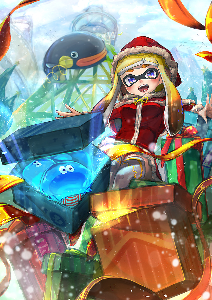 1girl blue_eyes capelet closed_mouth commentary denchinamazu domino_mask dress fangs gift hat highres hooded inkling jellyfish_(splatoon) kashu_(hizake) long_hair looking_at_another looking_at_viewer mask orange_hair print_legwear red_dress red_hat santa_costume short_dress sitting smile snow solo splatoon thigh-highs tower white_legwear