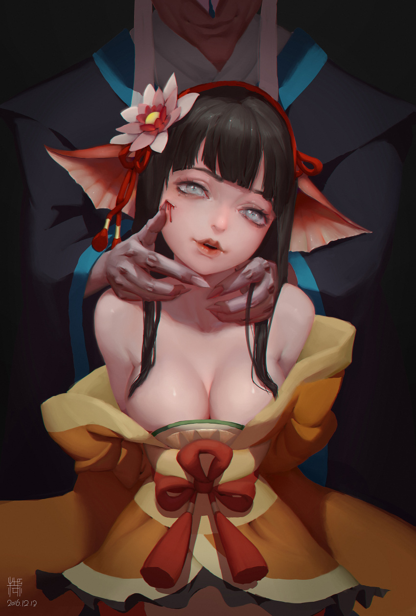 1girl 2016 absurdres animal_ears bangs bare_shoulders black_hair bleeding blood blood_on_face breasts character_request chinese_clothes cuts fingernails flower grey_eyes hair_flower hair_ornament hair_ribbon hand_on_another's_face hanfu head_fins head_out_of_frame head_tilt highres injury liyu_jing long_fingernails looking_at_viewer medium_breasts mermaid millet_(d323323) monster_girl off_shoulder onmyoji parted_lips red_lips ribbon sash sharp_fingernails solo_focus tassel upper_body