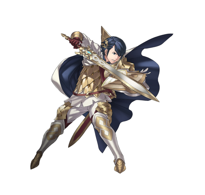 1boy alfonse_(fire_emblem) armor blue_eyes blue_hair boots cape fire_emblem fire_emblem_heroes full_body gloves hair_ornament highres kozaki_yuusuke male_focus multicolored_hair official_art solo sword teeth transparent_background two-tone_hair weapon