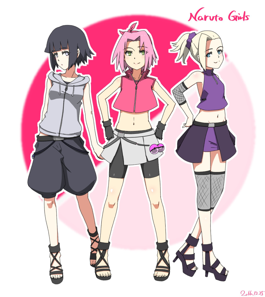 3girls bike_shorts black_hair blonde_hair blue_eyes cropped_jacket green_eyes hair_ribbon hands_on_hips haruno_sakura high_heels highres hood hoodie hyuuga_hinata konbari_tariumu lavender_eyes midriff miniskirt multiple_girls naruto navel outline parody pink_hair poke_ball pokemon ponytail ribbon sandals shorts shorts_under_skirt skirt sleeveless sleeveless_hoodie yamanaka_ino zipper