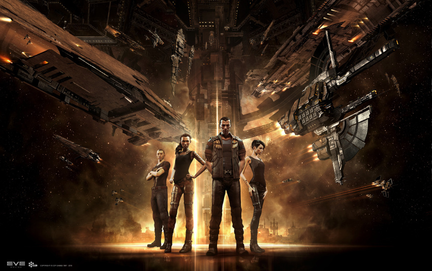 2boys 2girls 3d advanced_ship_(eve_online) arm_tattoo asian attack_ship_(eve_online) autodesk_3ds_max_(medium) bare_arms bare_shoulders battlecruiser_(eve_online) battleship_(eve_online) belt black_belt black_footwear black_hair black_pants black_shirt black_tank_top boots breasts brown_hair brown_pants brown_theme building capital_ship_(eve_online) carrier carrier_(eve_online) combat_ship_(eve_online) commentary company_logo company_name copyright_name dark-skinned_female dark-skinned_male dark_skin dated destroyer_(eve_online) dreadnought_(eve_online) electronic_warfare_ship_(eve_online) eve_online fleet flying full_body glowing heavy_fighter_(eve_online) hel_(eve_online) highres hurricane_(eve_online) jacket lips logo long_hair looking_at_viewer marauder_(eve_online) maya_(medium) medium_breasts military_vehicle multiple_boys multiple_girls naglfar_(eve_online) nebula nidhoggur_(eve_online) night night_sky nose official_art pants realistic reflective_floor scar scar_across_eye scar_on_face scenery science_fiction shirt short_hair short_sleeves shoulder_tattoo sky sleeveless spacecraft standing star_(sky) starfighter starry_sky super_capital_ship_(eve_online) supercarrier_(eve_online) support_ship_(eve_online) tank_top tattoo tech_2_ship_(eve_online) tempest_(eve_online) thrasher_(eve_online) thrusters undoz very_short_hair zbrush_(medium)