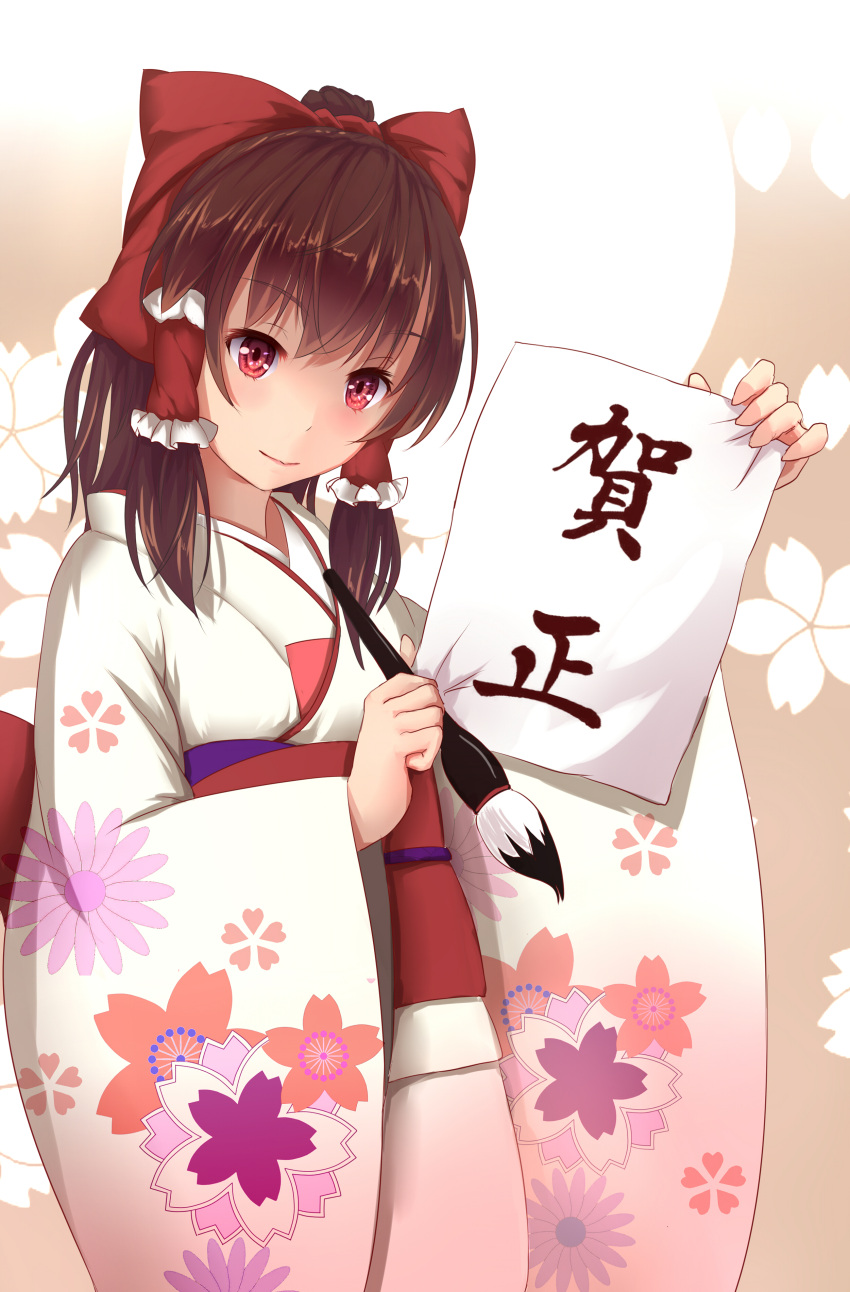 1girl absurdres bakanoe bow brown_background brown_hair calligraphy_brush cherry_blossoms closed_mouth eyebrows_visible_through_hair floral_background floral_print gradient gradient_background hair_bow hair_tubes hakurei_reimu happy_new_year highres holding holding_brush holding_paper japanese_clothes kimono long_sleeves looking_at_viewer new_year obi paintbrush paper red_bow red_eyes sash smile solo touhou translated upper_body white_background white_kimono wide_sleeves