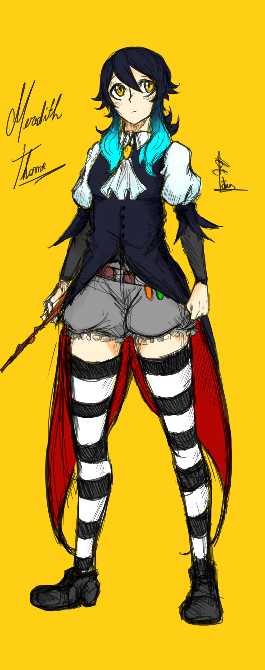 1girl absurdres black_shoes blue_hair cape cravat fatuus highres looking_up meredith_thorne shoes short_hair shorts striped striped_legwear tailcoat thigh-highs waistcoat wand weapon yellow_eyes zettai_ryouiki