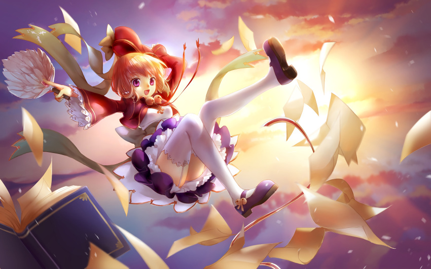 1girl bell blonde_hair blurry book clouds cropped_jacket depth_of_field dress fan feather_fan garter_straps hat hat_ribbon highres jingle_bell koihime_musou midair open_mouth pages ribbon samui_amekemuri shokatsuryou sky smile solo sun thigh-highs violet_eyes