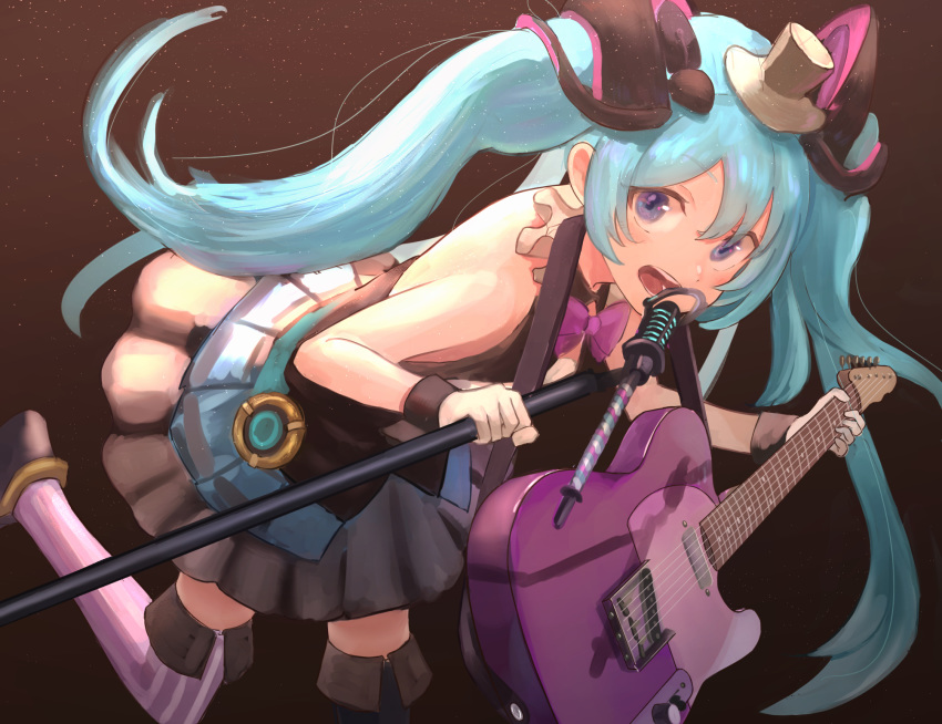 1girl aqua_hair bare_shoulders black_dress black_skirt blue_eyes bow bowtie commentary dress gloves guitar hair_ornament hat hatsune_miku highres holding_microphone_stand instrument leaning_forward leg_up long_hair looking_at_viewer looking_to_the_side magical_mirai_(vocaloid) microphone microphone_stand mini_hat mini_top_hat mismatched_legwear neck_ruff open_mouth radio1985head skirt smile solo thigh-highs top_hat twintails very_long_hair vocaloid white_gloves