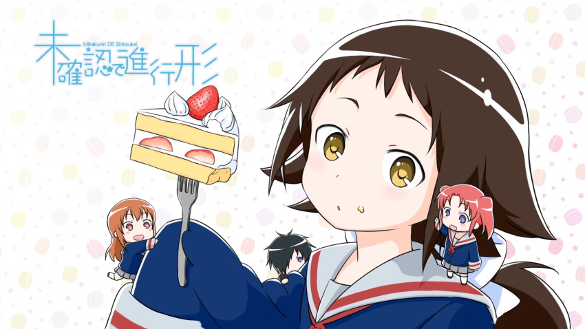 1boy 3girls :/ :d black_hair blue_shirt blush blush_stickers bow brown_eyes brown_hair cake chibi copyright_name eyebrows_visible_through_hair eyecatch food food_on_face fork fruit gradient gradient_background grey_skirt hair_bow hair_over_one_eye head_tilt highres holding holding_fork jitome laika_(sputnik2nd) leg_up long_hair looking_at_viewer low_ponytail macaron_background mikakunin_de_shinkoukei mitsumine_hakuya mitsumine_mashiro multiple_girls open_mouth parted_lips pink_eyes pink_hair pleated_skirt romaji school_uniform serafuku shirt skirt sleeveless slice_of_cake smile standing strawberry two_side_up violet_eyes white_background white_bow white_legwear yonomori_benio yonomori_kobeni