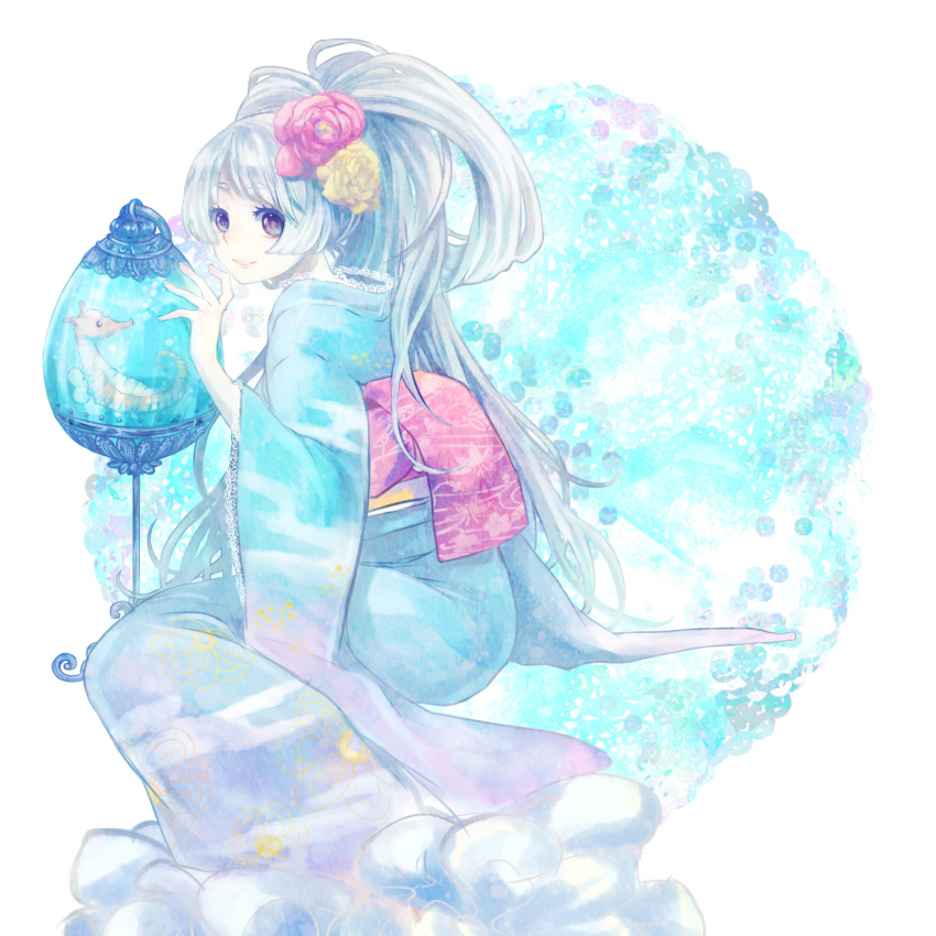 1girl bangs blue_hair flower hair_flower hair_ornament highres japanese_clothes kimono long_hair nengajou new_year obi original sash seahorse smile solo violet_eyes warrose