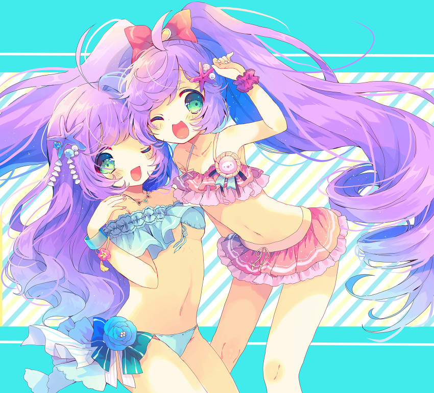 2girls ahoge bikini bikini_skirt blush bow bracelet breasts commentary_request frilled_bikini frills green_eyes hair_bow hair_down hair_ornament highres jewelry long_hair looking_at_viewer manaka_lala midriff multiple_girls multiple_persona necklace nekoto_rina off_shoulder one_eye_closed open_mouth pripara purple_hair short_hair small_breasts smile starfish_hair_ornament swimsuit twintails under_boob very_long_hair