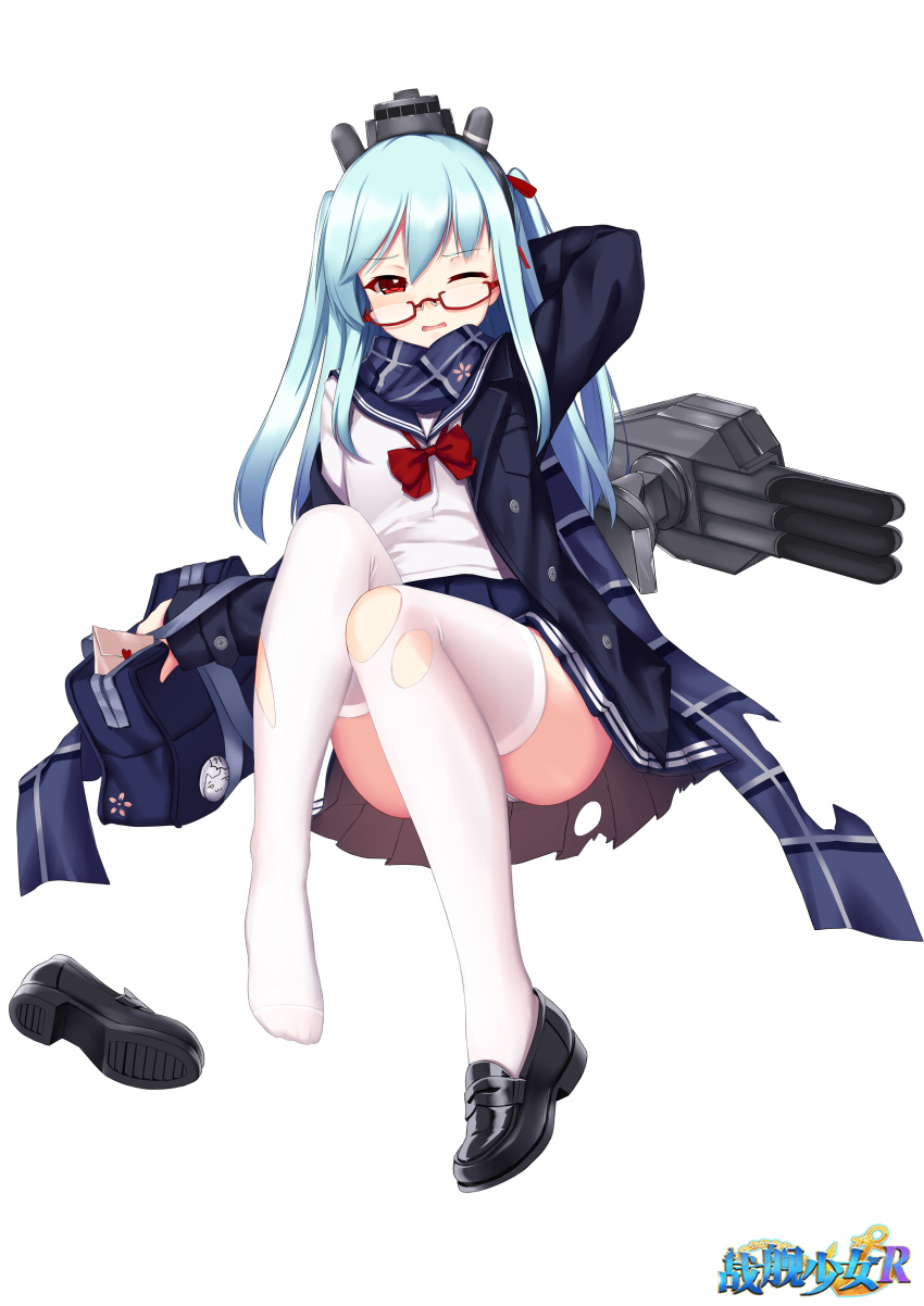 1girl absurdres allenes alternate_costume bag black_shoes blue_coat blue_hair blue_scarf blue_skirt buttons coat copyright_name feet fubuki_(zhan_jian_shao_nyu) full_body glasses headgear highres knees_up letter long_hair long_sleeves looking_at_viewer love_letter machinery official_art one_eye_closed open_clothes open_coat open_mouth panties plaid plaid_scarf pleated_skirt red-framed_eyewear red_eyes scarf school_bag school_uniform serafuku shirt shoes shoes_removed single_shoe sitting skirt solo thigh-highs torn_clothes torn_thighhighs torpedo twintails underwear white_background white_legwear white_panties white_shirt zhan_jian_shao_nyu